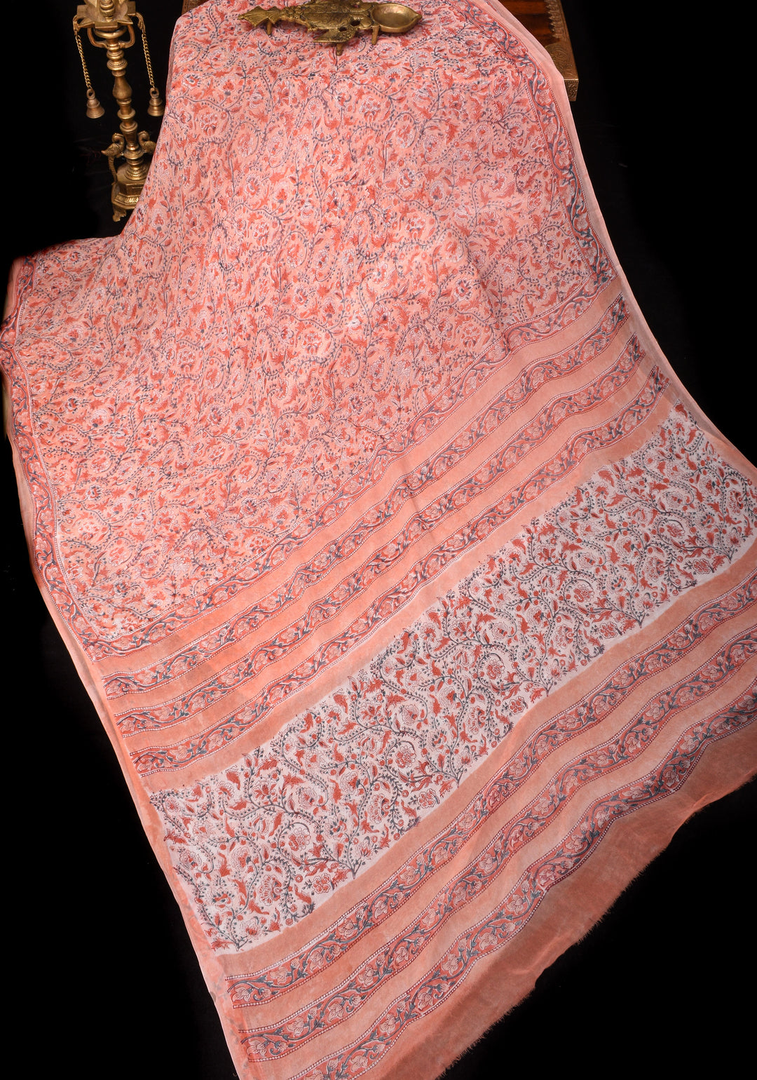 Peach Pink Georgette Saree with Sanganeri Hand Block Print with long net tassels