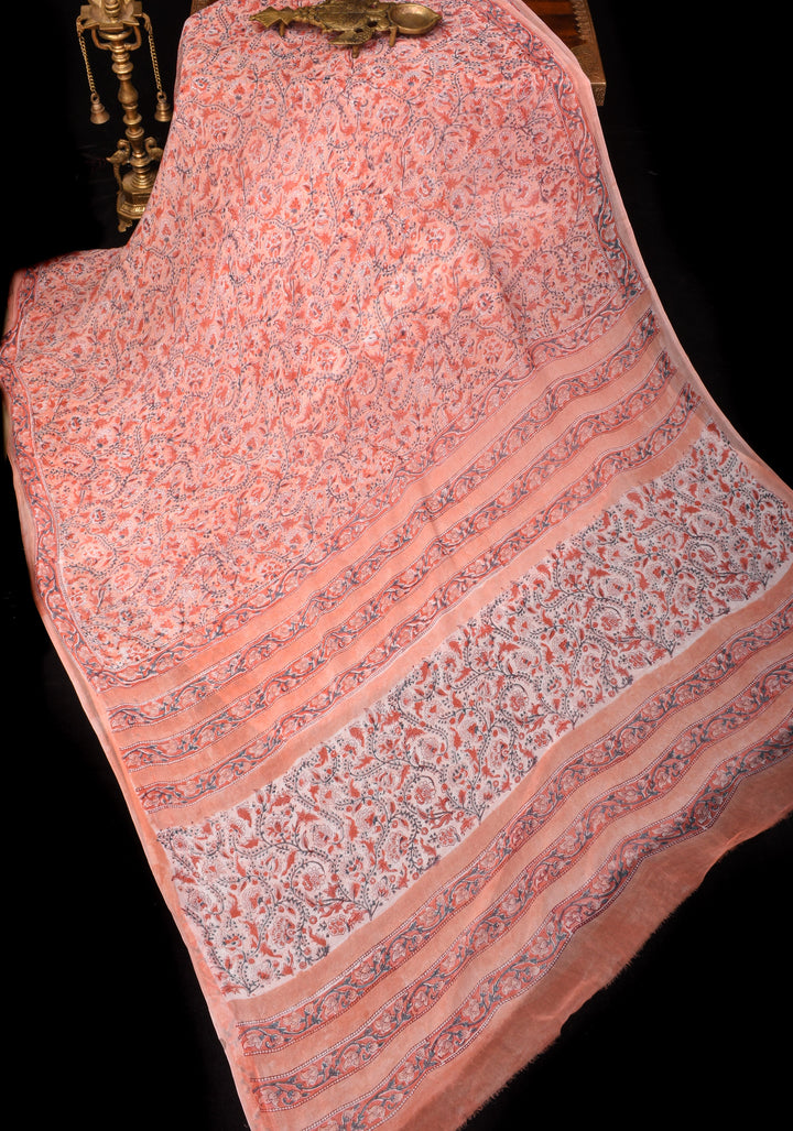 Peach Pink Georgette Saree with Sanganeri Hand Block Print with long net tassels