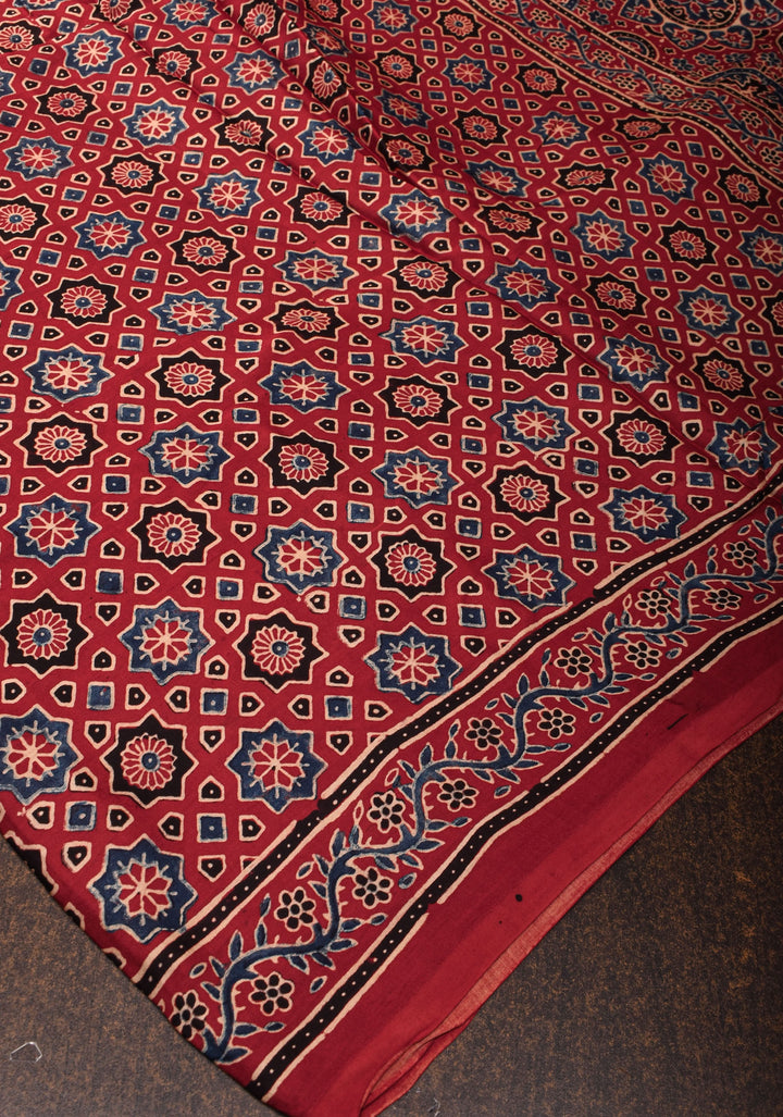Red Ajrakh Hand Block Print on Modal Silk Saree