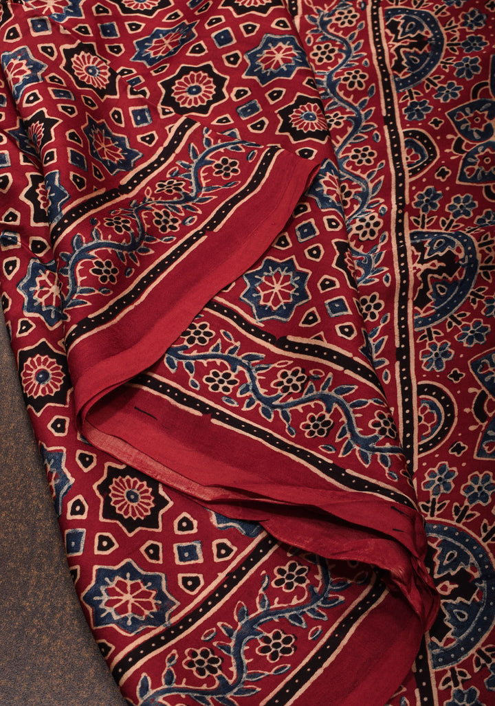 Red Ajrakh Hand Block Print on Modal Silk Saree