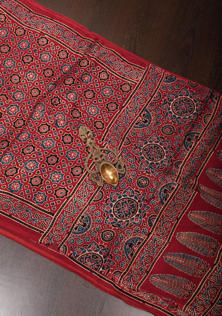 Red Ajrakh Hand Block Print on Modal Silk Saree