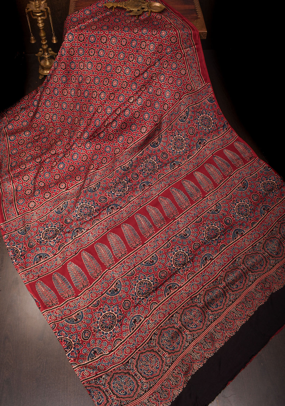 Red Ajrakh Hand Block Print on Modal Silk Saree
