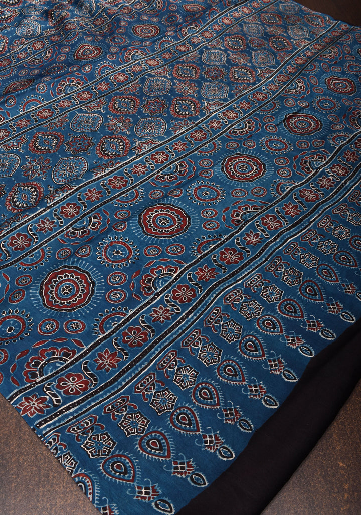 Stunning Indigo Ajrakh Hand Block Print on Modal Silk Saree. Vidya Balan Special!