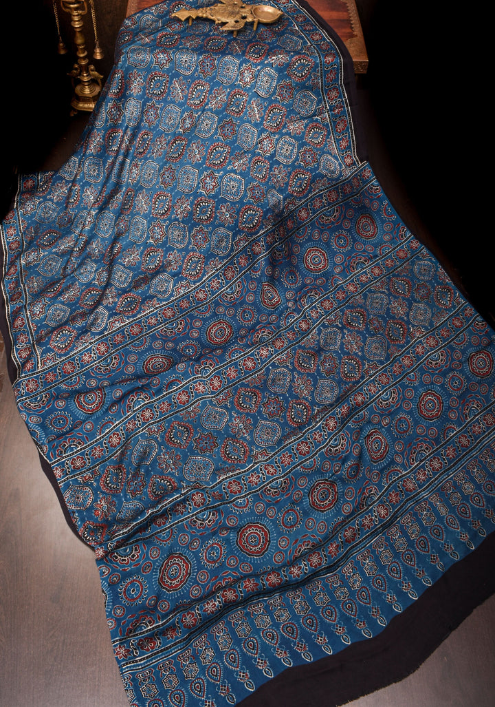 Stunning Indigo Ajrakh Hand Block Print on Modal Silk Saree. Vidya Balan Special!