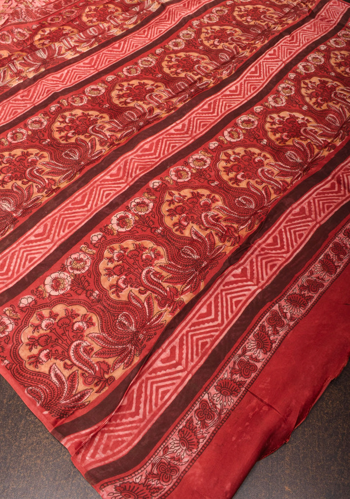 Light Coral Authentic Vanaspati Hand Block Print Modal Silk Saree with Floral Pattern