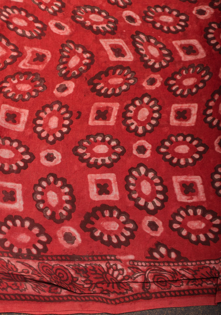 Light Coral Authentic Vanaspati Hand Block Print Modal Silk Saree with Floral Pattern