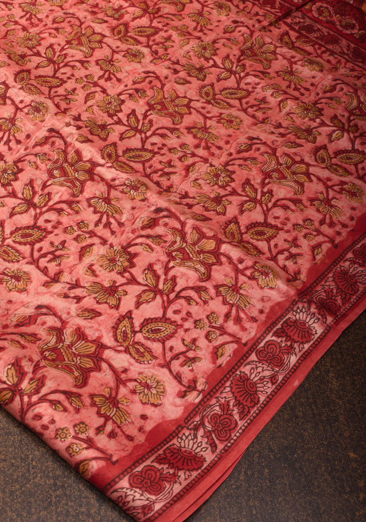 Light Coral Authentic Vanaspati Hand Block Print Modal Silk Saree with Floral Pattern