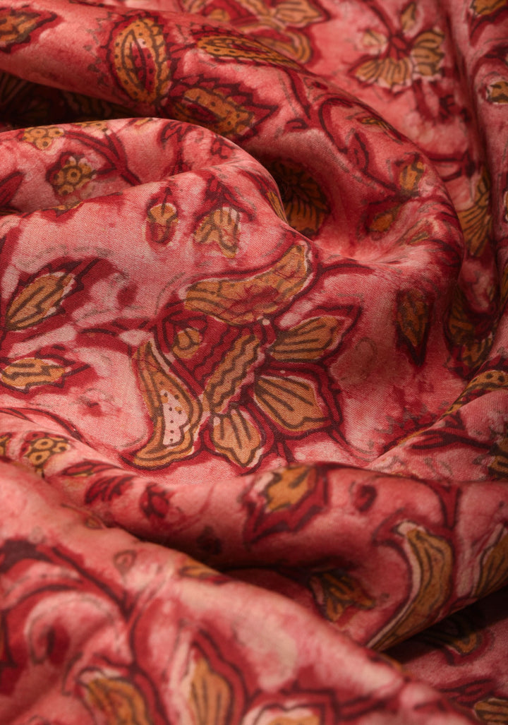Light Coral Authentic Vanaspati Hand Block Print Modal Silk Saree with Floral Pattern