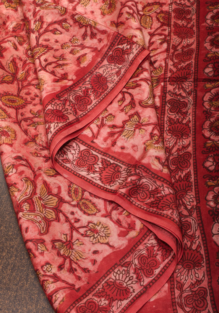 Light Coral Authentic Vanaspati Hand Block Print Modal Silk Saree with Floral Pattern
