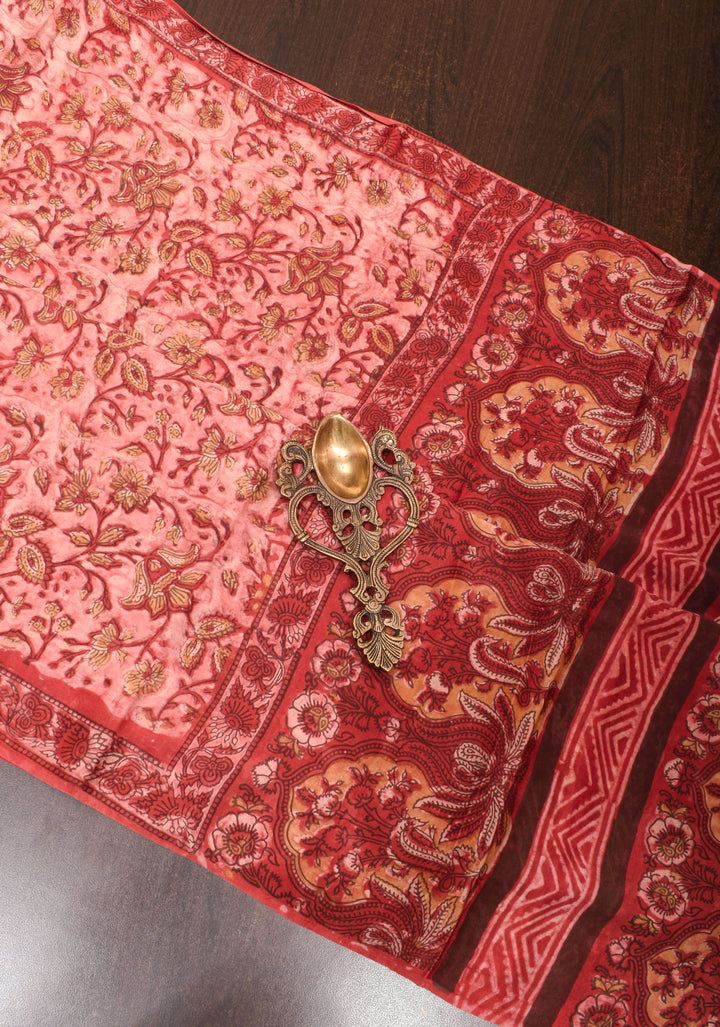 Light Coral Authentic Vanaspati Hand Block Print Modal Silk Saree with Floral Pattern