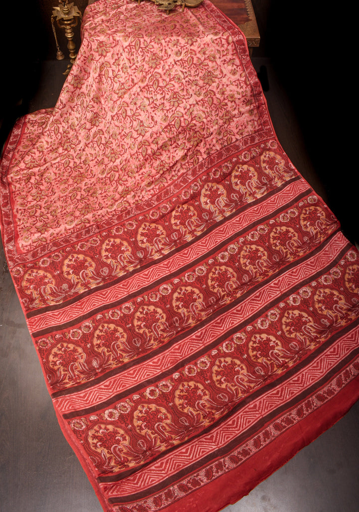 Light Coral Authentic Vanaspati Hand Block Print Modal Silk Saree with Floral Pattern