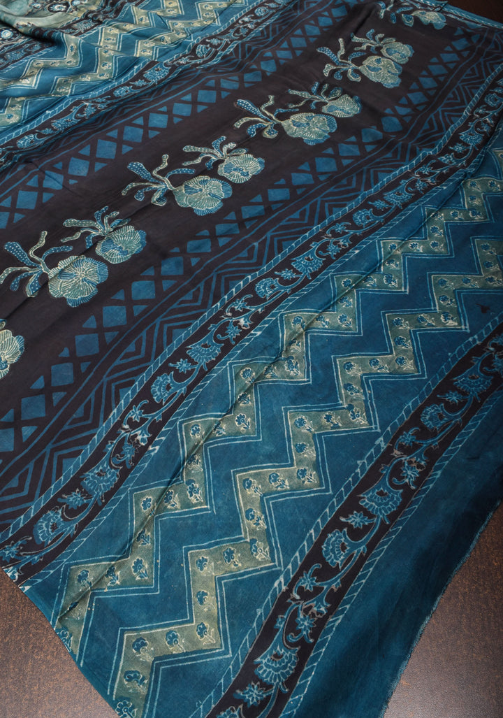 Vanaspati Hand Block Print on Modal Silk Saree in rare Gray Blue