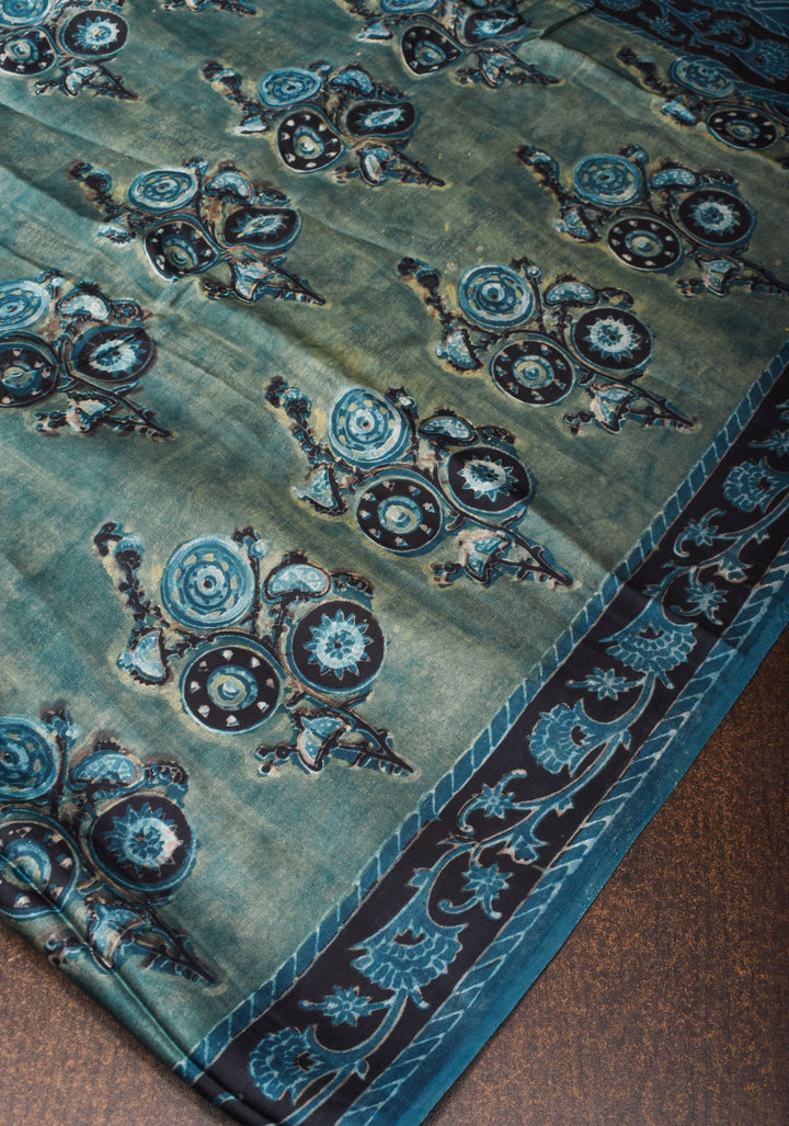 Vanaspati Hand Block Print on Modal Silk Saree in rare Gray Blue