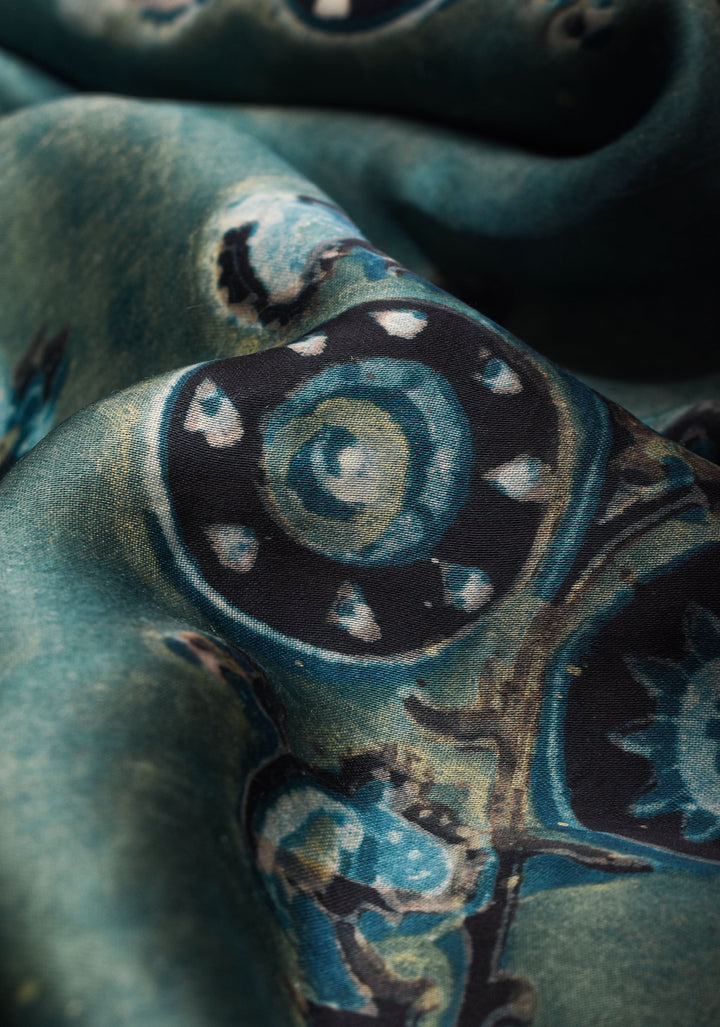 Vanaspati Hand Block Print on Modal Silk Saree in rare Gray Blue