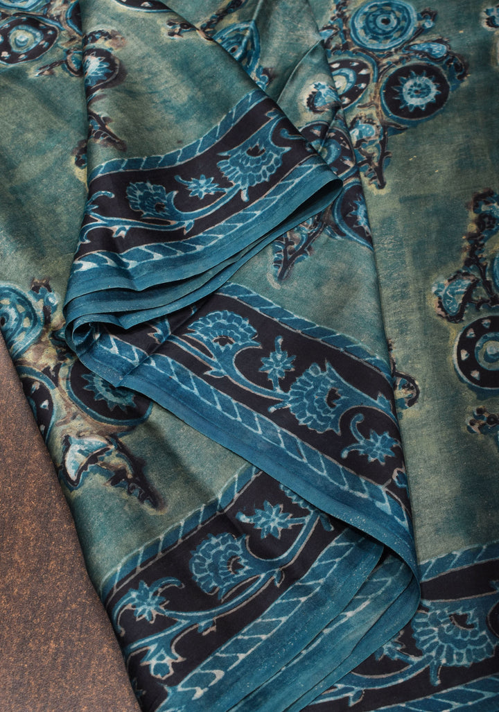 Vanaspati Hand Block Print on Modal Silk Saree in rare Gray Blue