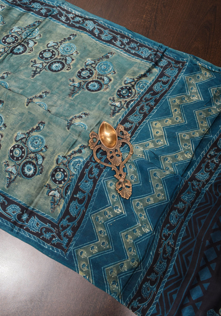 Vanaspati Hand Block Print on Modal Silk Saree in rare Gray Blue