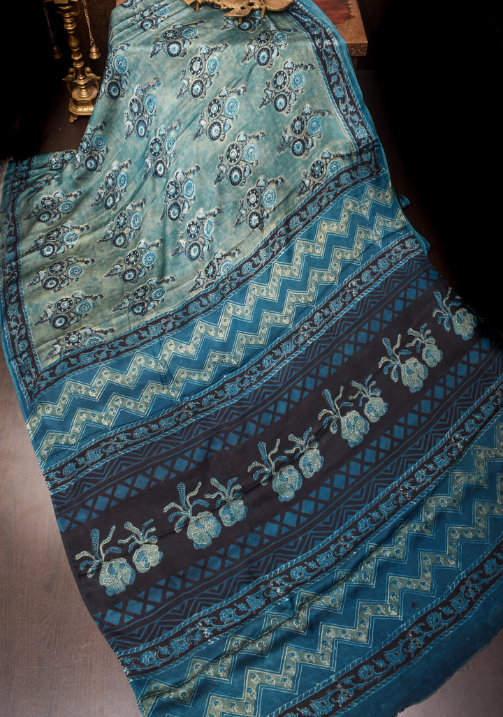 Vanaspati Hand Block Print on Modal Silk Saree in rare Gray Blue