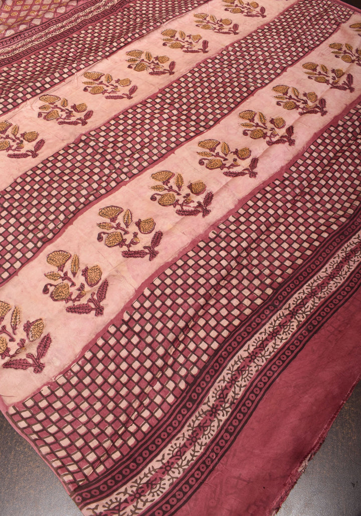 Vanaspati Hand Block Print on Modal Silk Saree in earthly red