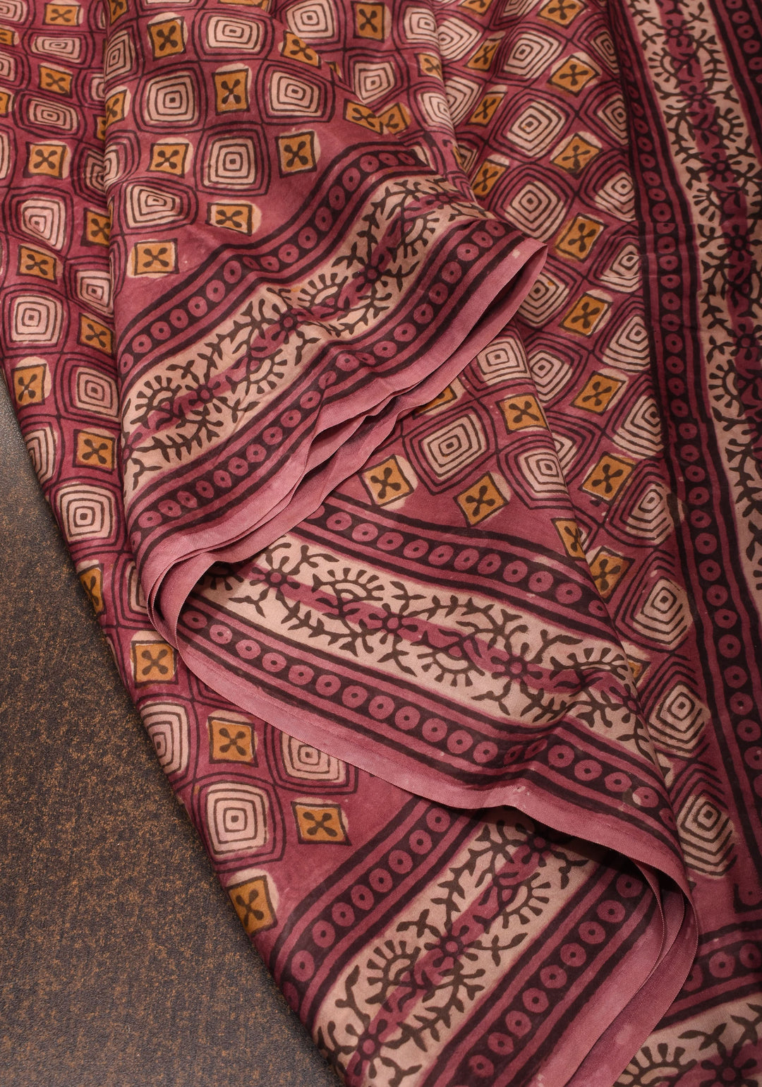 Vanaspati Hand Block Print on Modal Silk Saree in earthly red