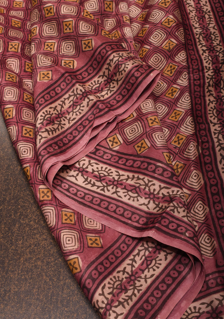 Vanaspati Hand Block Print on Modal Silk Saree in earthly red