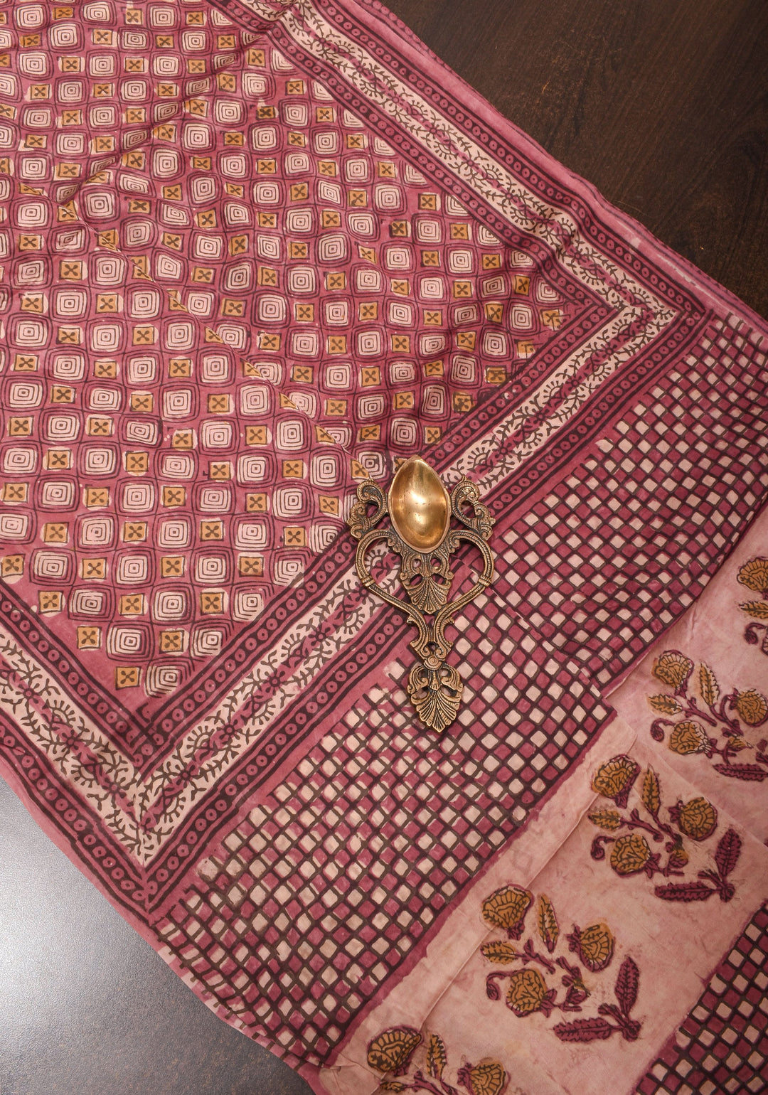 Vanaspati Hand Block Print on Modal Silk Saree in earthly red