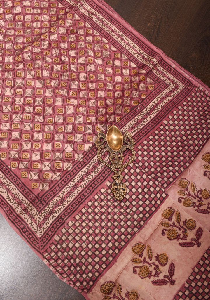 Vanaspati Hand Block Print on Modal Silk Saree in earthly red