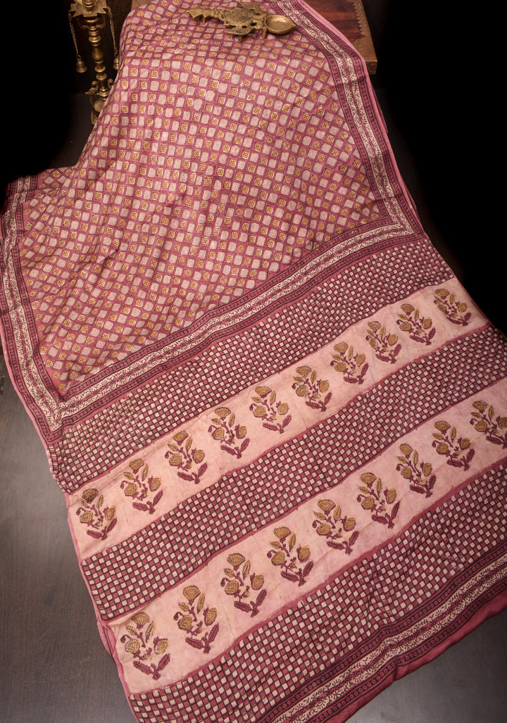 Vanaspati Hand Block Print on Modal Silk Saree in earthly red