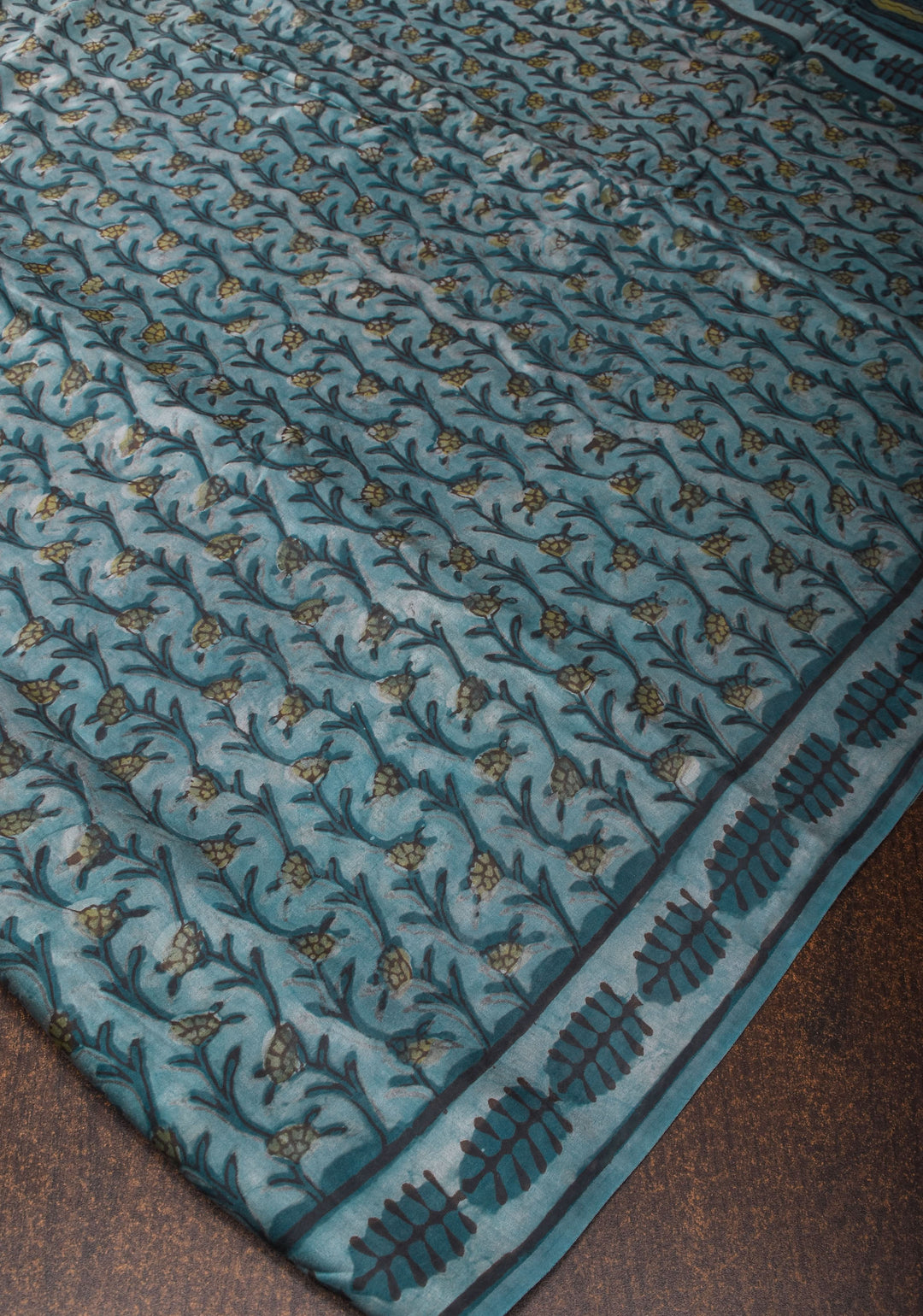 Vanaspati Hand Block Print on Modal Silk Saree in Gray Blue