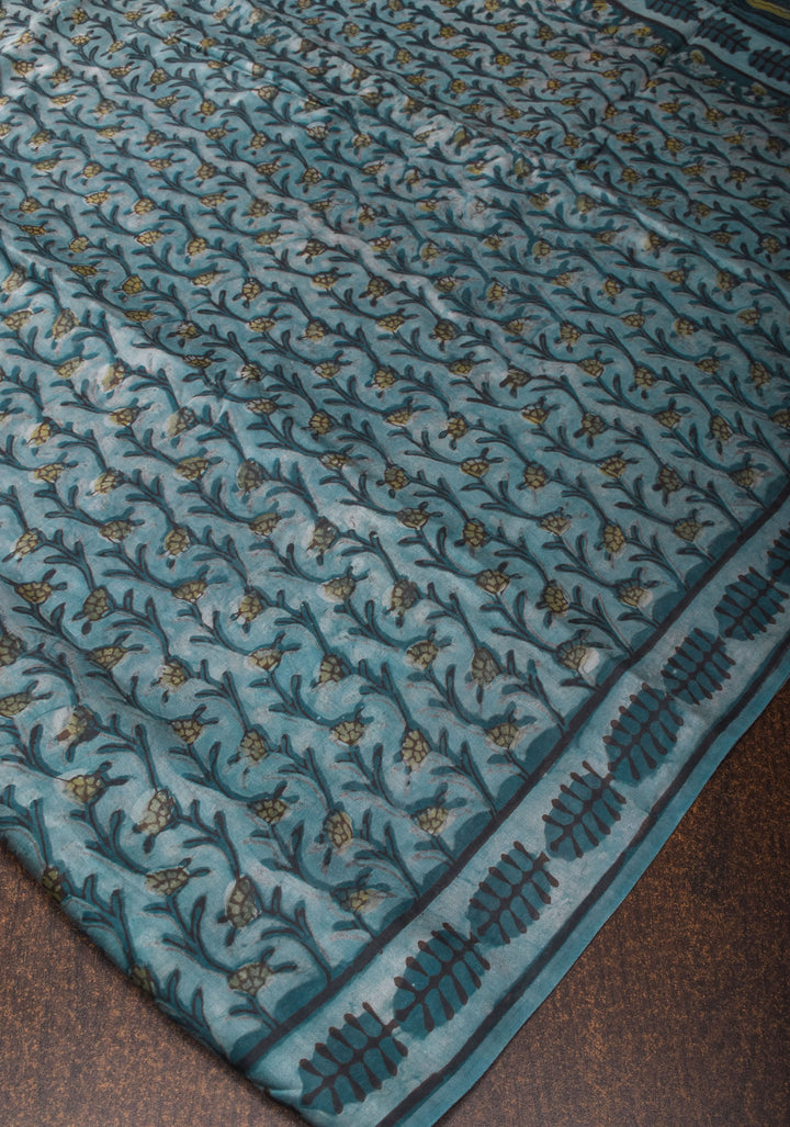 Vanaspati Hand Block Print on Modal Silk Saree in Gray Blue