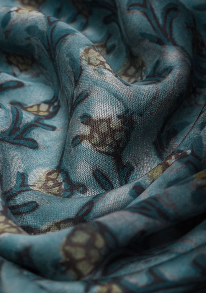 Vanaspati Hand Block Print on Modal Silk Saree in Gray Blue