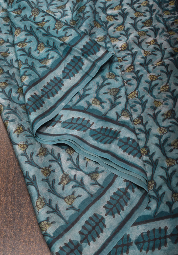 Vanaspati Hand Block Print on Modal Silk Saree in Gray Blue