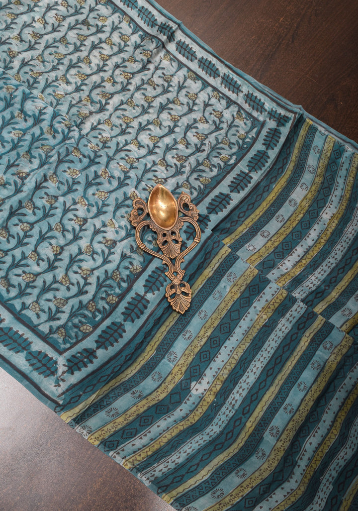 Vanaspati Hand Block Print on Modal Silk Saree in Gray Blue