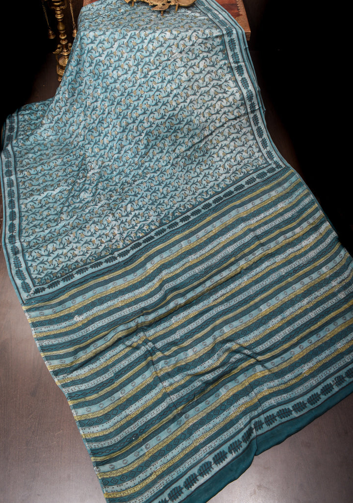 Vanaspati Hand Block Print on Modal Silk Saree in Gray Blue