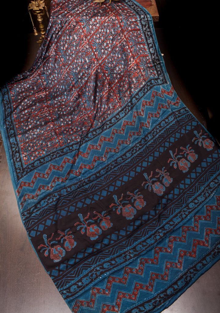 Vanaspati Hand Block Print on Modal Silk Saree in Red and Blue