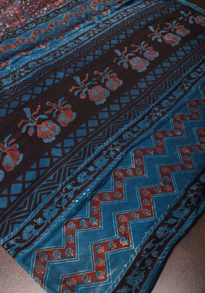 Vanaspati Hand Block Print on Modal Silk Saree in Red and Blue