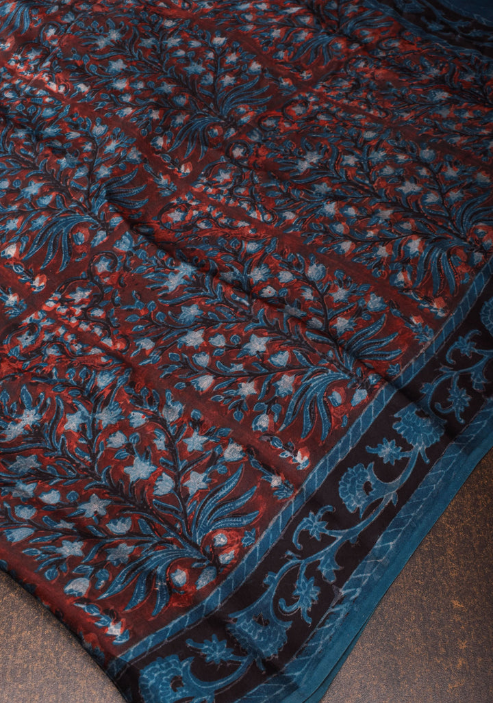 Vanaspati Hand Block Print on Modal Silk Saree in Red and Blue