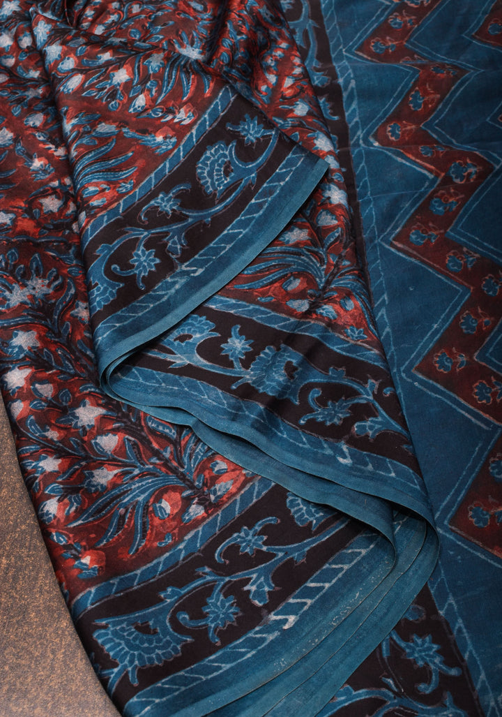 Vanaspati Hand Block Print on Modal Silk Saree in Red and Blue