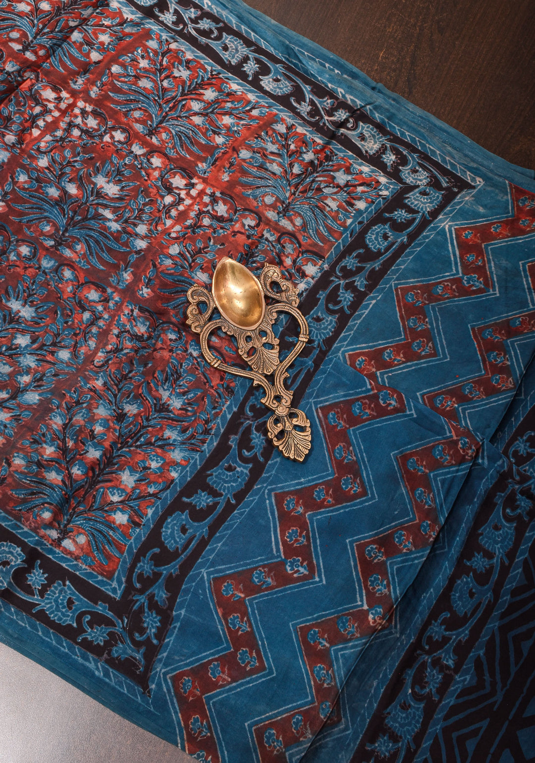Vanaspati Hand Block Print on Modal Silk Saree in Red and Blue