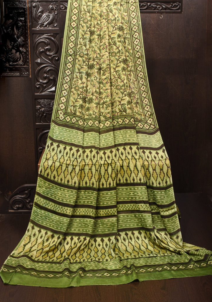 Vanaspati Hand Block Print on Modal Silk Saree in Moss Green