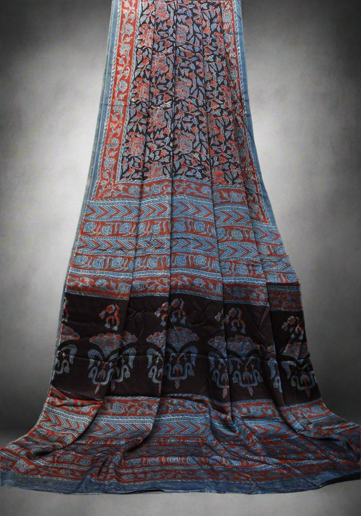 Black Ajrakh Hand Block Print on Modal Silk Saree