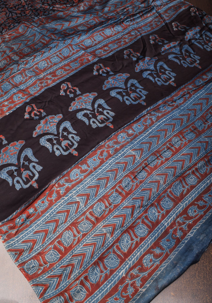 Black Ajrakh Hand Block Print on Modal Silk Saree