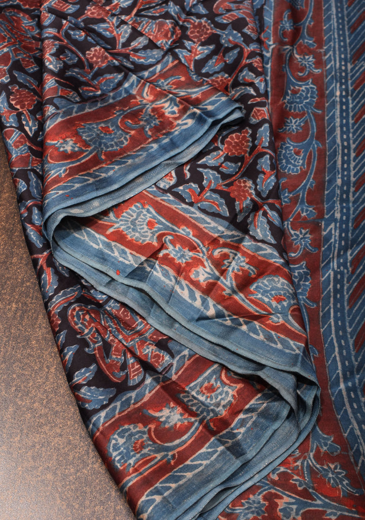 Black Ajrakh Hand Block Print on Modal Silk Saree