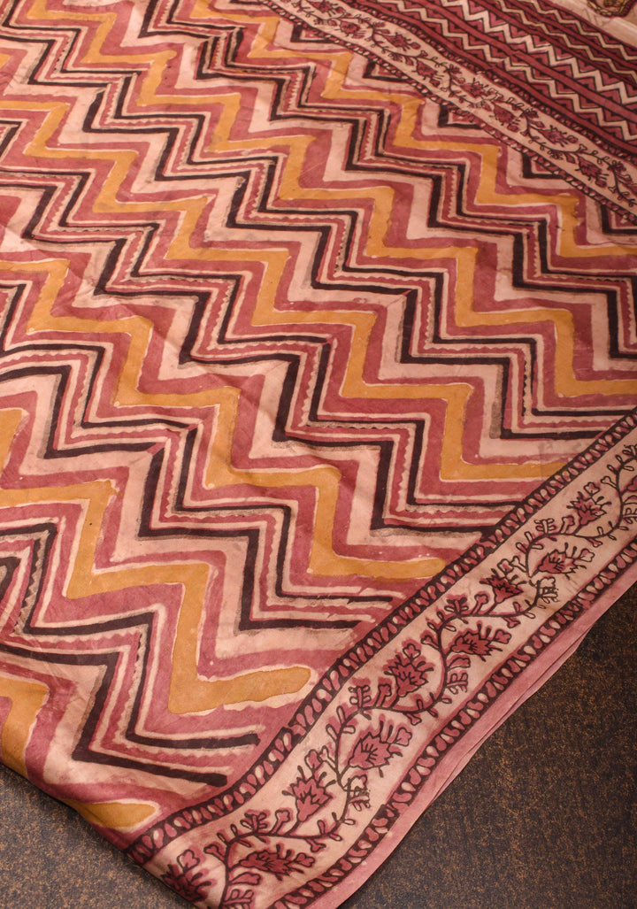 Vanaspati Hand Block Print on Modal Silk Saree with Chevron Pattern in Multicolor
