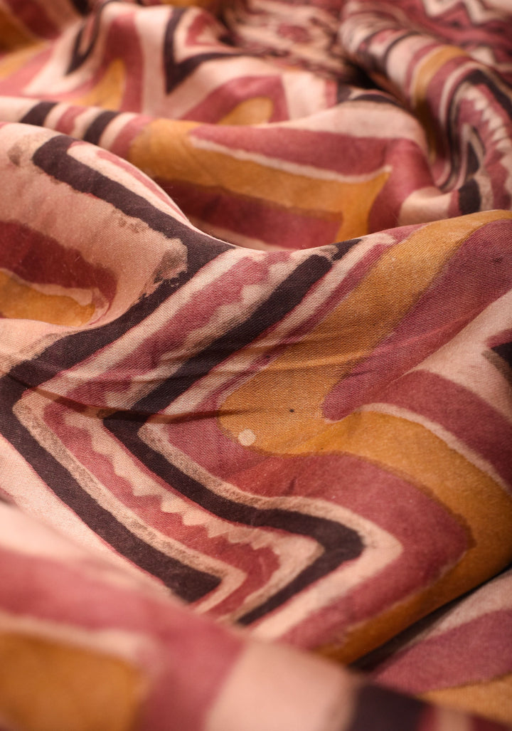 Vanaspati Hand Block Print on Modal Silk Saree with Chevron Pattern in Multicolor