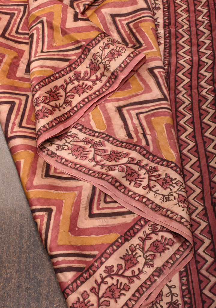 Vanaspati Hand Block Print on Modal Silk Saree with Chevron Pattern in Multicolor