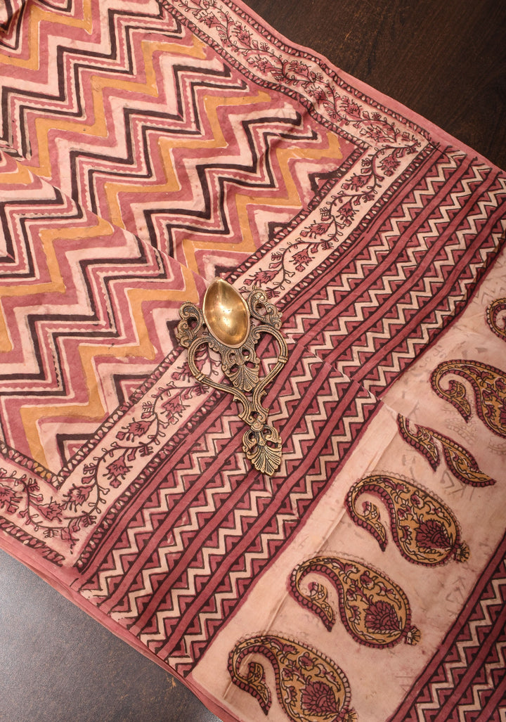 Vanaspati Hand Block Print on Modal Silk Saree with Chevron Pattern in Multicolor