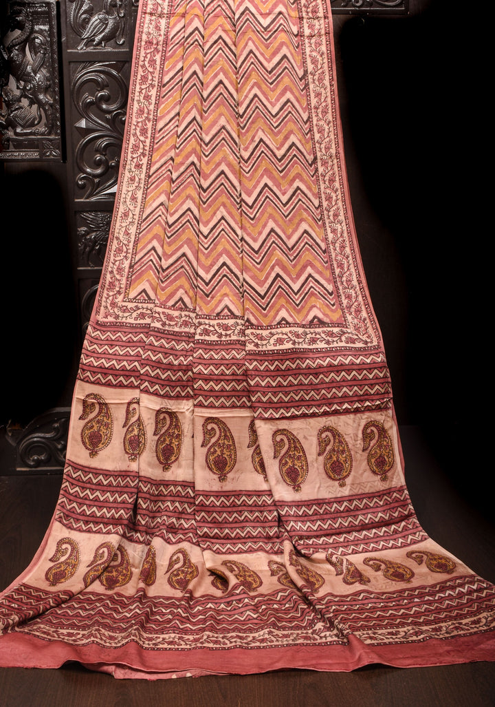 Vanaspati Hand Block Print on Modal Silk Saree with Chevron Pattern in Multicolor