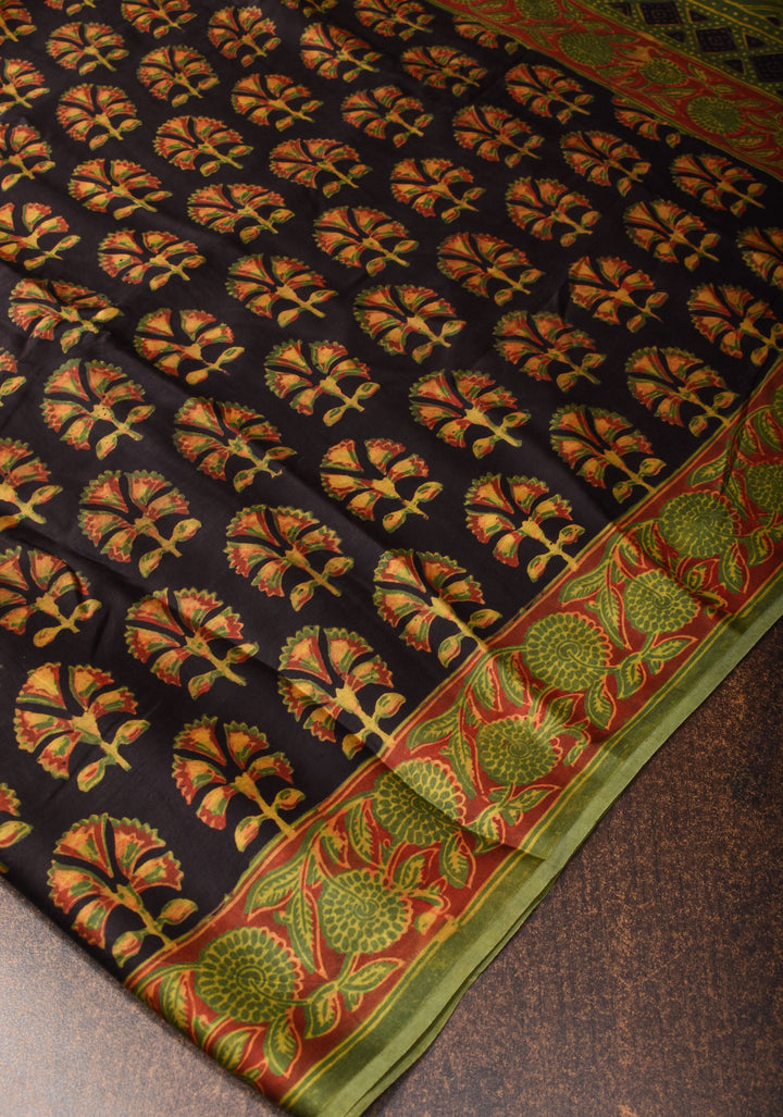 Vanaspati Hand Block Print on Modal Silk Saree in Black