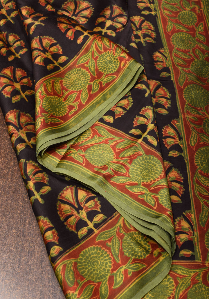 Vanaspati Hand Block Print on Modal Silk Saree in Black