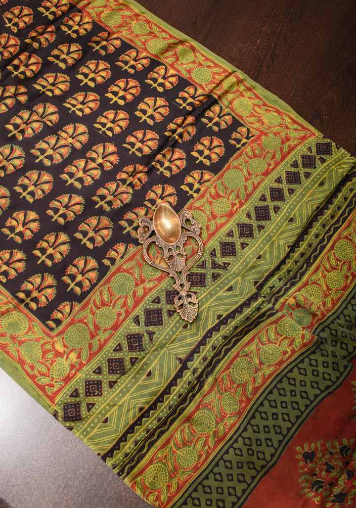 Vanaspati Hand Block Print on Modal Silk Saree in Black